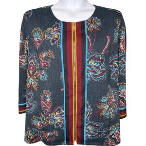 BOB MACKIE Blue Floral Paisley Zip Front Knit Top 2X Art-To-Wear Maximalist Chic